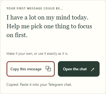 Screenshot of the selected first message with Copy this message highlighted, the Open the chat button and a successful copy confirmation