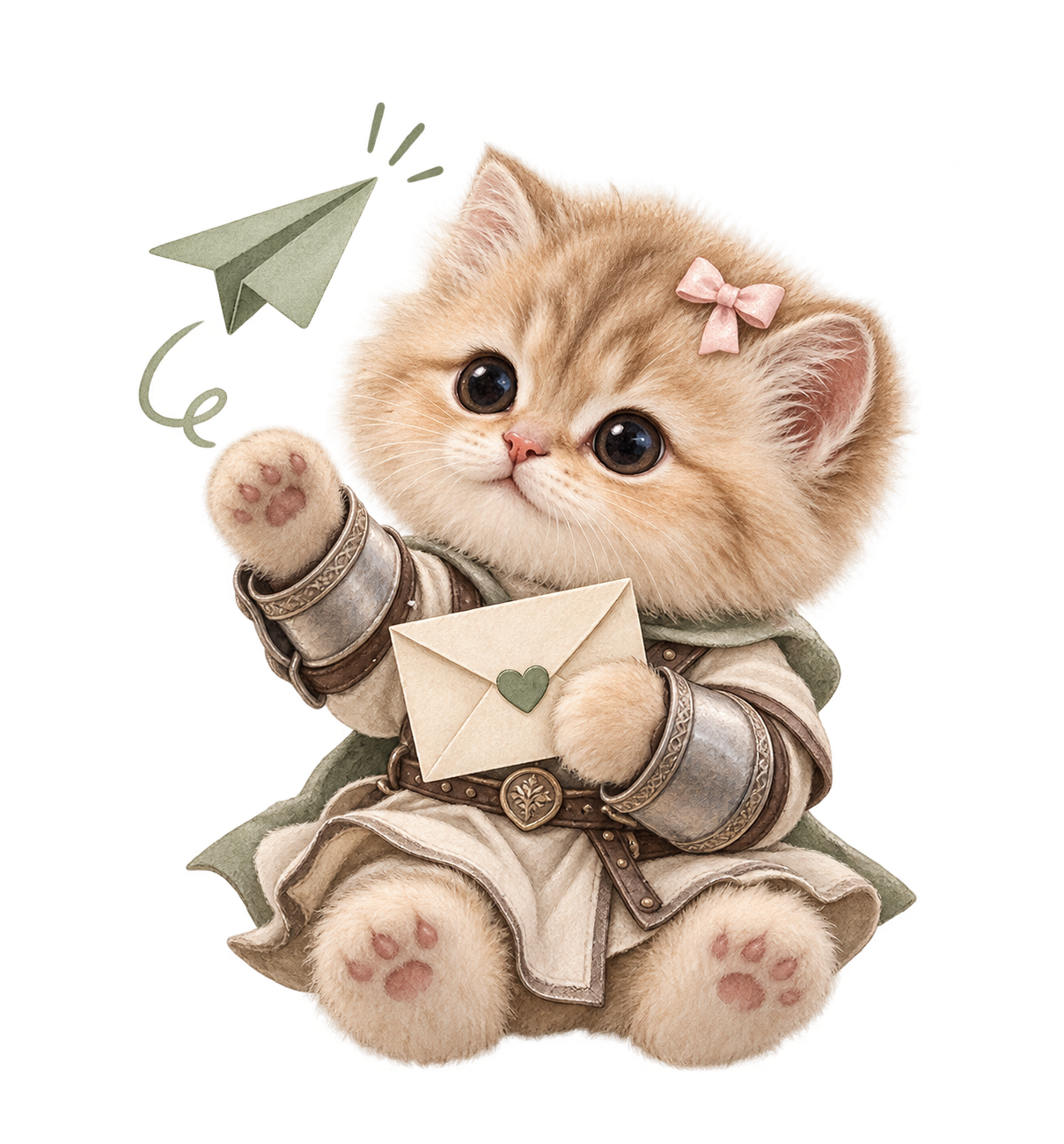 Armored Kitten holding a little envelope and waving a paw toward a paper airplane