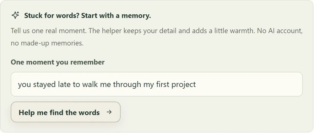 The memory helper panel, headed 'Stuck for words? Start with a memory', with one real moment typed in and a 'Help me find the words' button