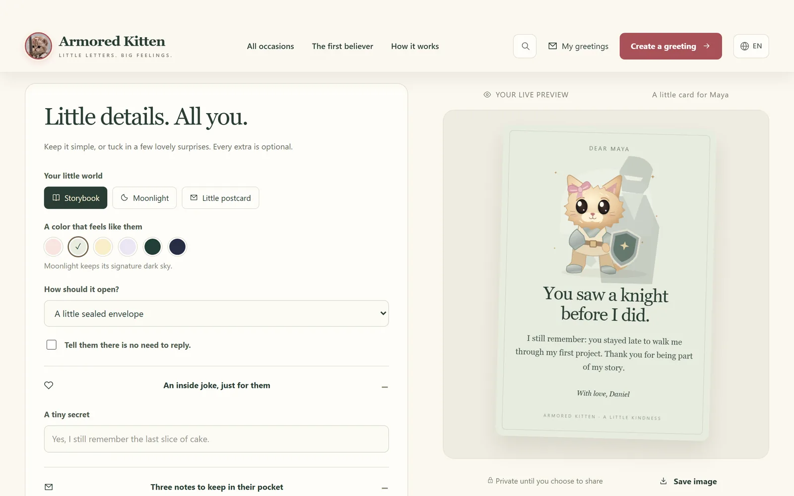 Step 2 of the editor, Little details, with Storybook, Moonlight and Little postcard styles, six colour swatches, an opening animation menu and an inside-joke field