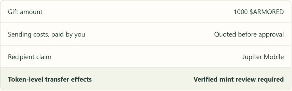 A summary table showing a gift of 1000 $ARMORED, sending costs paid by the sender and quoted before approval, and claiming in Jupiter Mobile