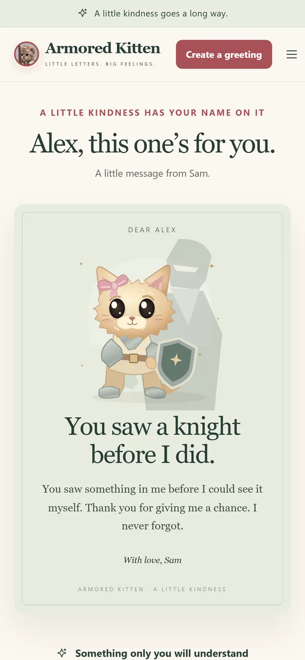 The opened greeting on a phone: 'Alex, this one's for you', followed by a card with the headline 'You saw a knight before I did.' signed by Sam