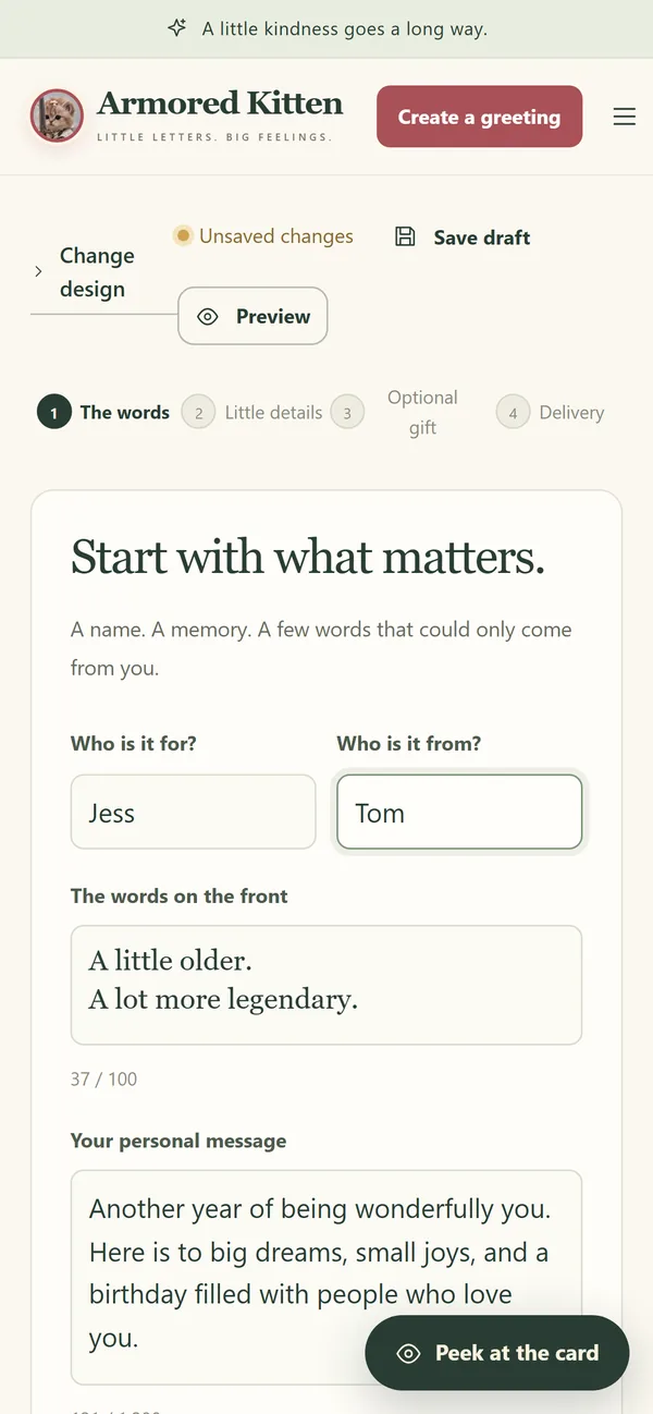 The editor on a phone: a birthday card for Jess from Tom, with the front reading A little older. A lot more legendary. and the personal message below