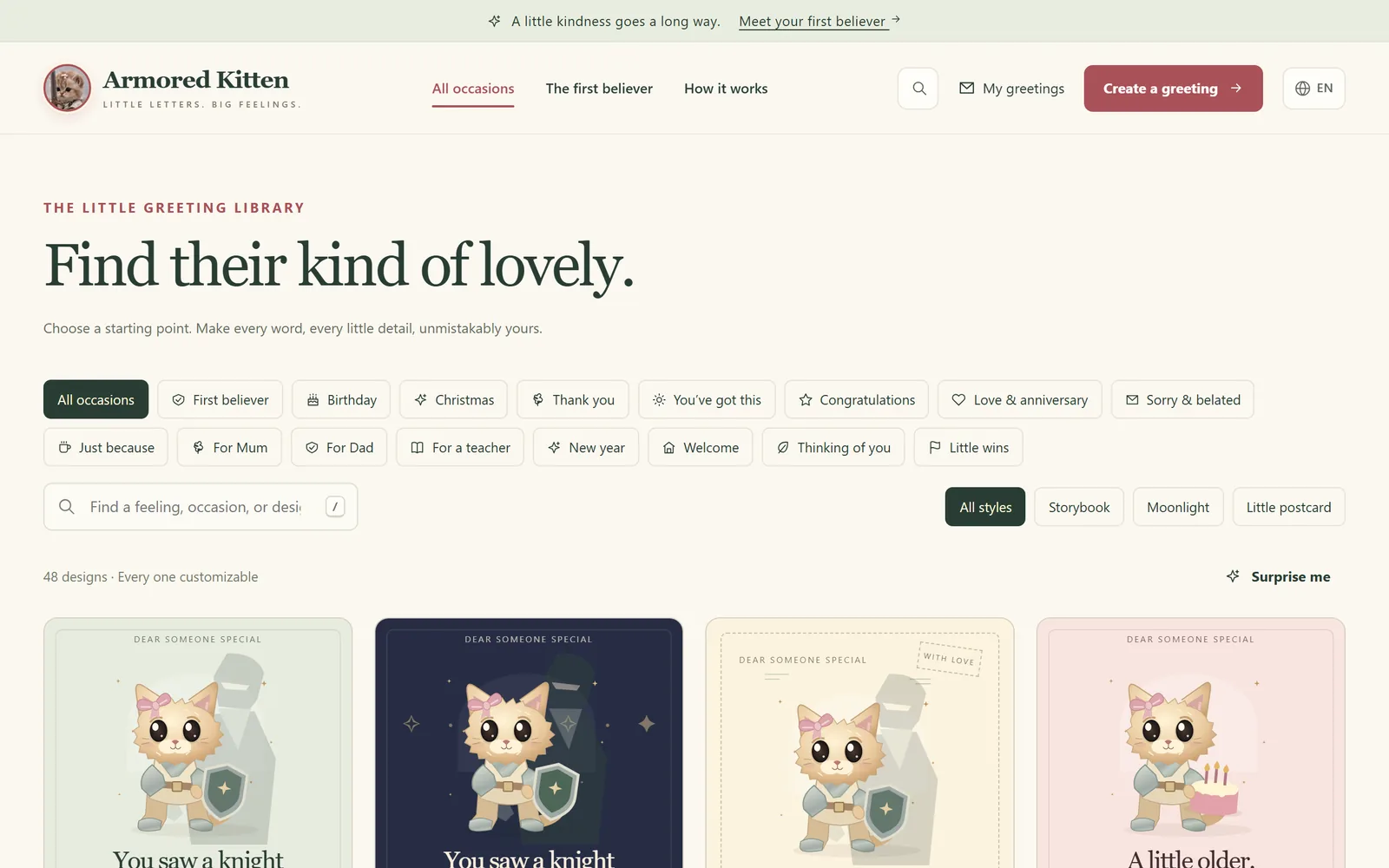 The greeting library with occasion filters and three styles