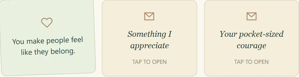 Three pocket notes on the recipient's card: one opened, reading 'You make people feel like they belong.', and two still closed with 'Tap to open'