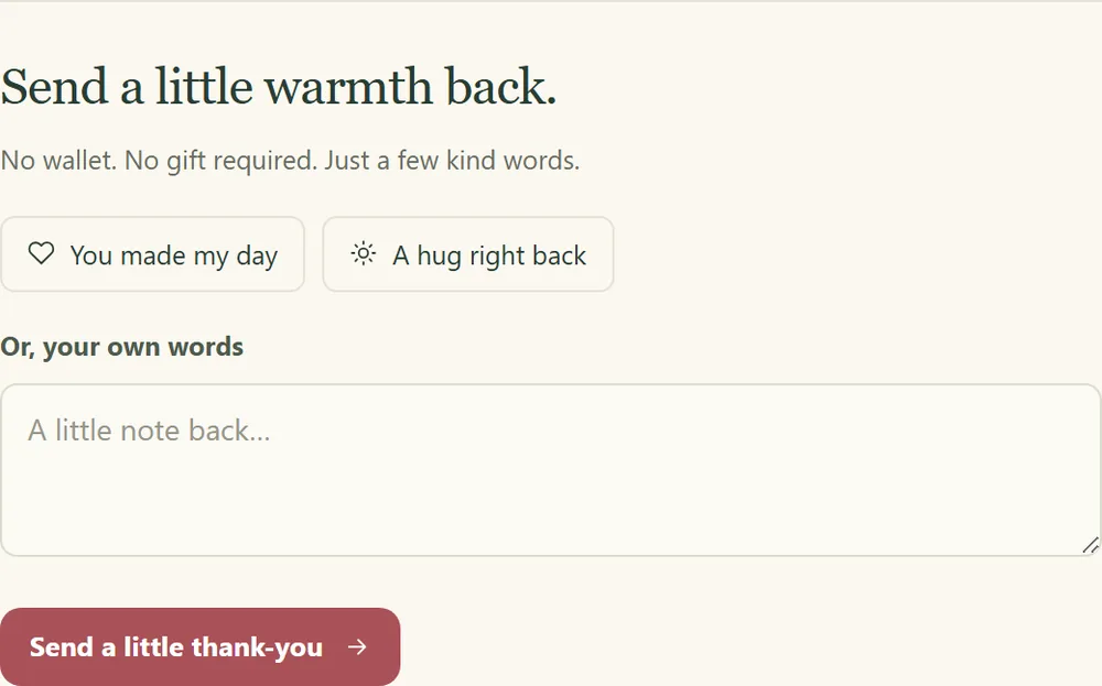 The reply panel a recipient sees under the card, with 'You made my day' and 'A hug right back' buttons and a box for their own words